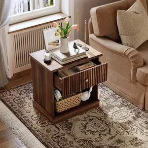 Garvee Nightstand with Grooved Drawers and Open Storage, Dresser with Metal Handles, Nightstand with 45 kg Load Capacity, for Bedroom and Living Room, 57.7 x 39.6 x 61 cm