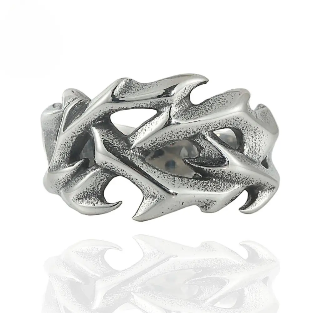 Jesus' Thorn Crown Ring - Retro Hip Hop Goth Cross Design Gunmetal Hollow Stainless Steel Men's Fashion Costume Jewelry Accessory, Stainless Steel Jewelry, Goth Rings