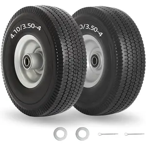 4.10/3.50-4" Flat Free Tire and Wheel, 10" Solid Tire with 5/8" Axle Bore Hole, 2.2" Offset Hub for Hand  Garden Wagon Cart Trolley  Lawn Mover Replacement