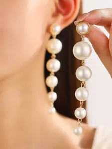 [Long Pearl Earrings ]Pearl Tassel Teardrop Earrings-Faux Pearl Jewelry-Boho Gold Long Tassel Fringe Dangle Pearls Thin Handmade Bohemian Statement Earrings for Women Daily Party