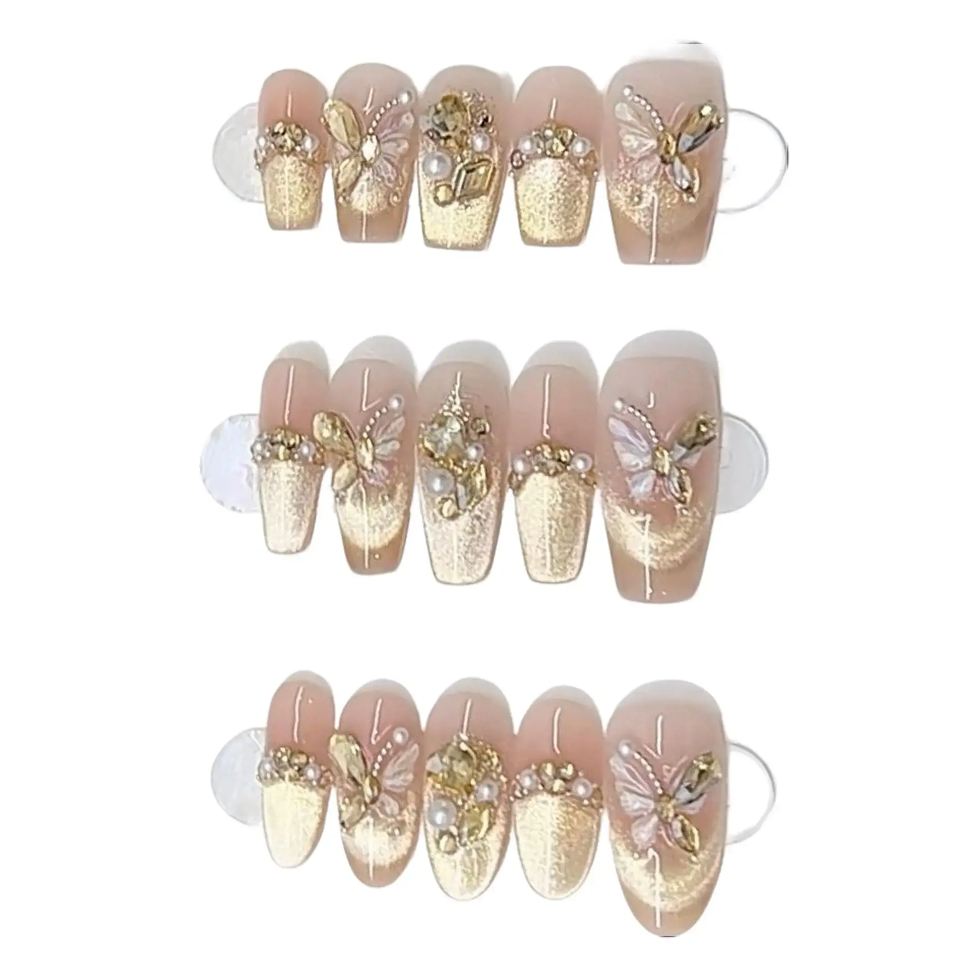 Hand-painted 3D zircon pearl butterfly chain with shimmering gold gradient halo details. Removable and reusable push-button artificial fingers with nails. Acrylic plastic nail sticker series.