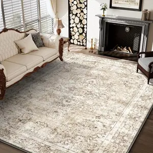 Velvet Area Rug, Beige Neutral Faded Traditional Persian Distressed Rug, Low-Pile Stain Resistant Carpet for Living Room Bedroom Dining Room