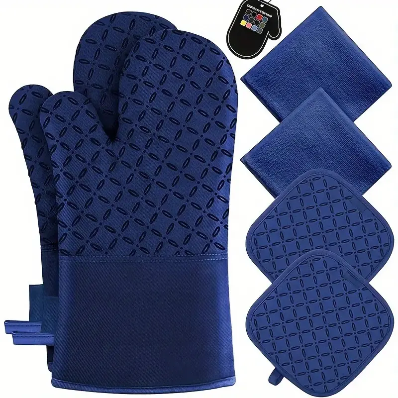 6pcs Set/1 Pair Of Oven Gloves And Pot Mats, Kitchen Oven Gloves Resistant to High Temperatures, Extra Long Oven Gloves And Non Slip Surface Pot Mats, Suitable for Cooking Use