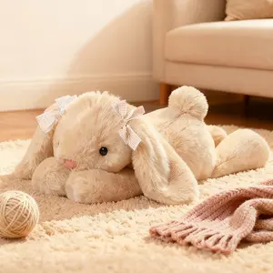 Cute Bunny Plush Toy with Bow, Soft Stuffed Rabbit Plushie, Floppy Ears Cuddly Bunny Doll, Cozy Gift & Room Decor