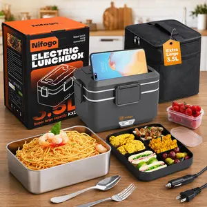 Nifogo 3.5L Stylish Square Leakproof Insulated Lunchbox, 80W High-Power Portable Electric Heated Lunch Box with 1.8L Stainless Steel Container, LED Display, 12V-24V-110V Multi-Voltage for Car, Office Tableware