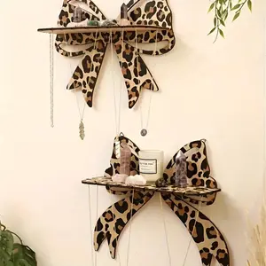 Leopard Print Bow Wall Shelf, Wooden Crystal Display Stand, Decorative Hanging Jewelry Rack for Bedroom Living Room Vanity, Wall Mounted Organizer, Decoration Items