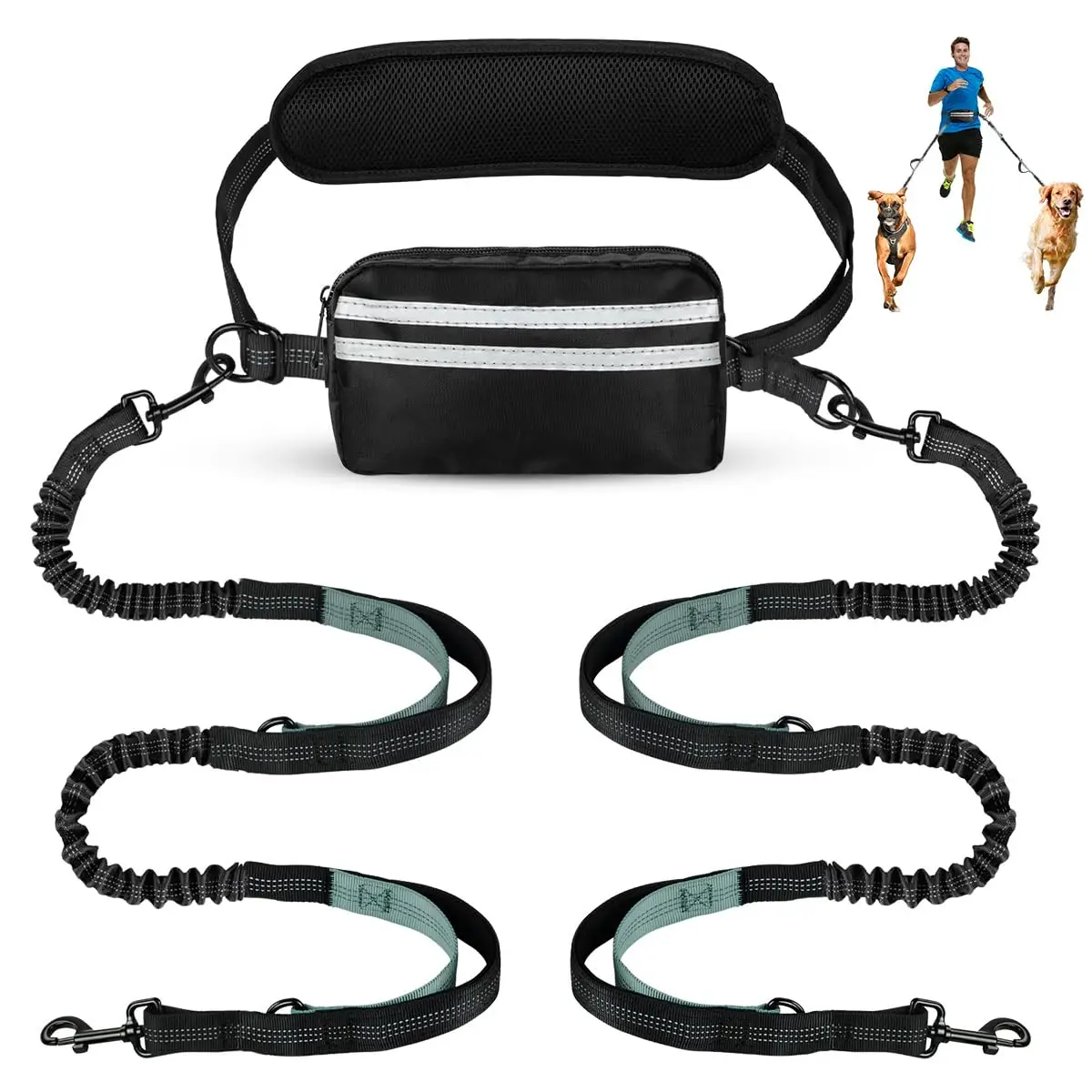 Hands Free Dog Leash with Pouch, 1pc Retractable Bungee Dog Leash with Double Padded Handles, Dog Waist Leash for Dog Walking, Running Leash for Dogs
