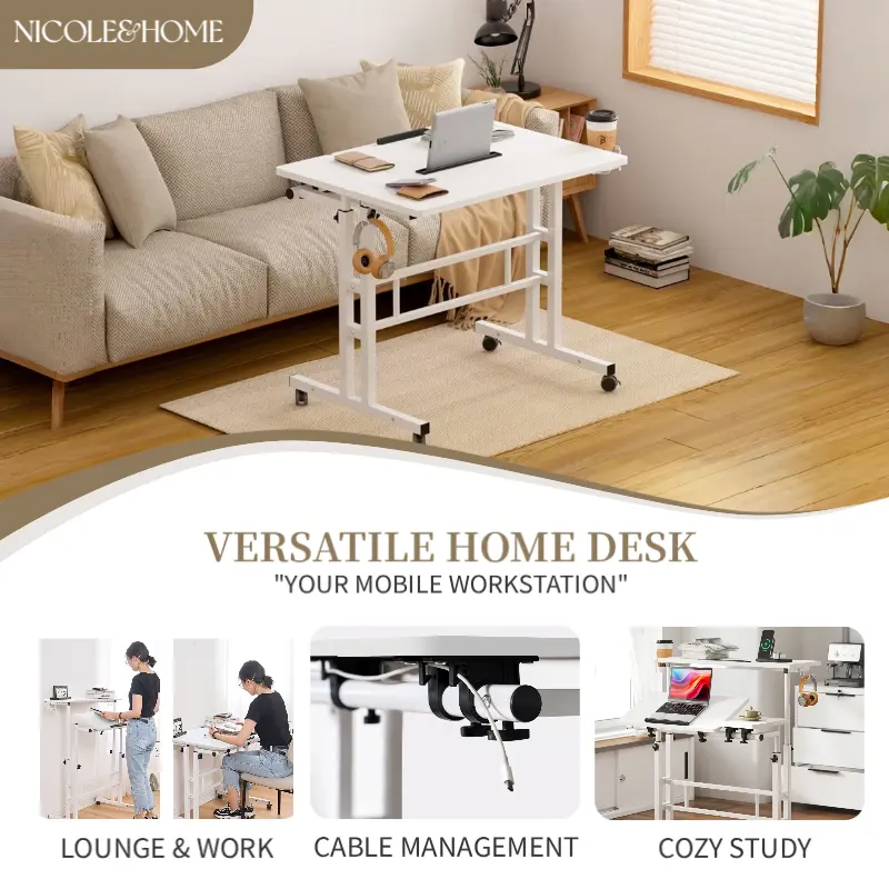 NICOLE SELECTION Rolling Laptop Desk - Sturdy Ergonomic Height-Adjustable Sit-to-Stand Home Office Workstation, Mobile Commercial Office Furniture, Eco-Friendly MDF & Metal, Dual Work Surfaces, Book Stand, Modern Ergonomic Furniture