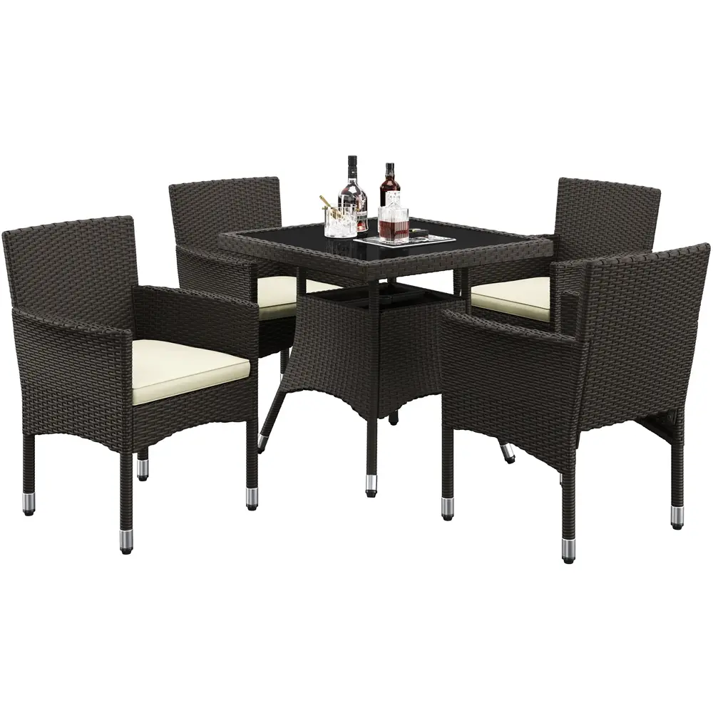 【2 Boxes Delivery】Yaheetech 5-Piece Outdoor Rattan Furniture Set 4 Dining Chairs & Tempered Glass Garden Dining Table with Umbrella Hole For Patio, Ga