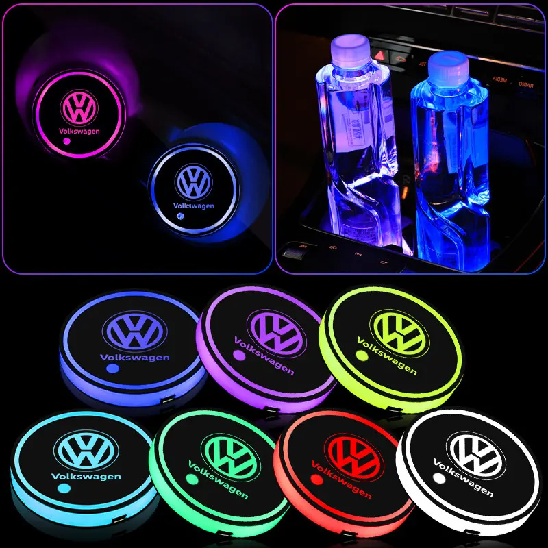 1/2Pcs Auto LED Luminous Car Cup Holder, Bottom Mat Color Ambient Light Coaster For Volkswagen VW Golf 4motion MTM Blue Motion Polo Scirocco CADDY Beetle Passat Touareg Jetta Tiguan Touran TSI TDI R32 MK4, Car Interior Accessory, Car Accessories