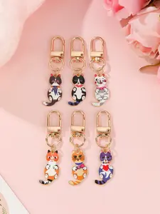 6 Piece Alloy Dripping Keychain Set, Cute Cat Pattern Charms, Fun Pet Theme Accessories, Perfect Gift for Cat Lovers Women Girls