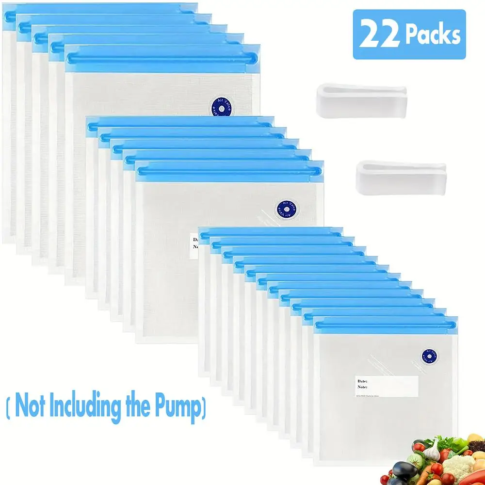 Vacuum Sealer Bags & Sealing Clips Set without Air Pump, 22pcs/set Reusable Clear Food Storage Bags, Household Durable Packaging Bags for Food Storage