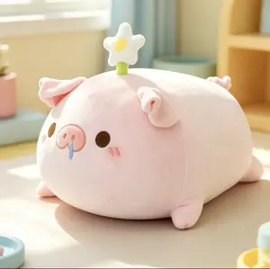 Cute Pink Pig Plush Pillow with Flower Sprout, Soft Squishy Drooling Pig Stuffed Animal, Fluffy Cartoon Pig Plushie, Adorable Home Sofa Bedroom Decor Cushion, Sweet Gift for Girls Kids Birthday
