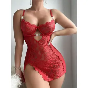 2pcs/Set Lace Contrast Mesh Nightgown Babydoll (With Underwire, T-Back) For Women Bridal Lingerie For Going Out, Baddie Look