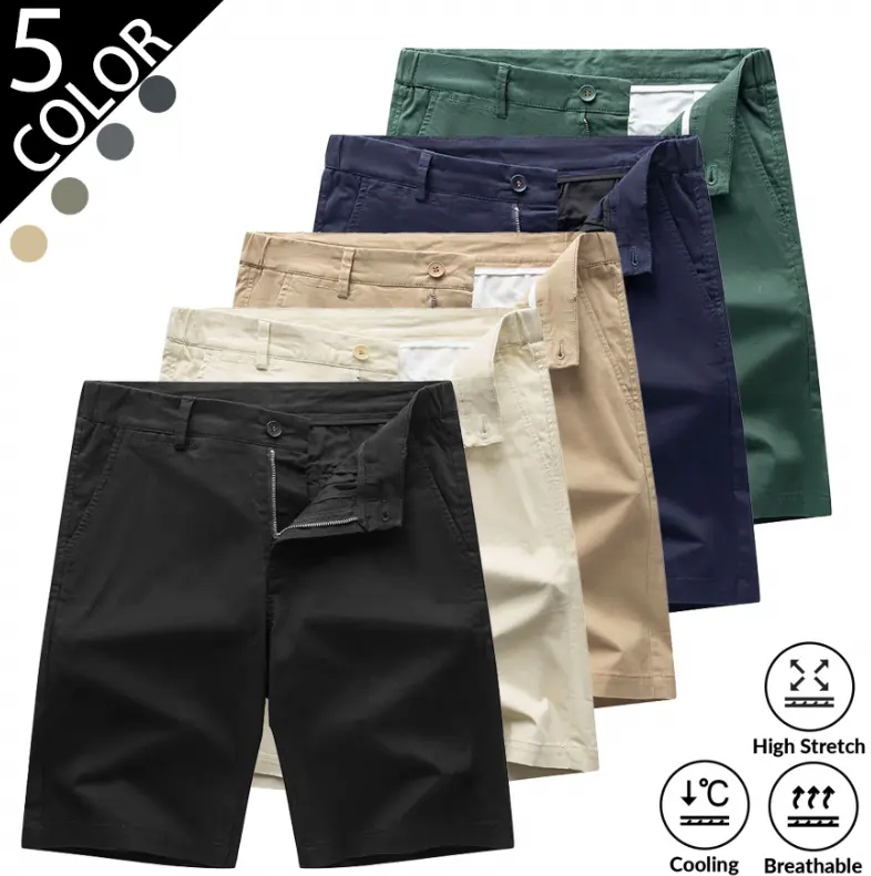 2026 Summer New Arrival Men's Cotton Chino Shorts, Knee-Length 5 Inch Slim Fit Casual Dress Shorts, Lightweight Breathable Soft Twill Fabric, Classic Solid Color Black, Korean Style Trendy Straight Leg Mid Shorts, Button Zipper Closure