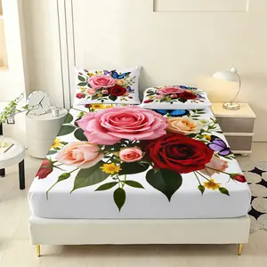 3-Piece Vibrant Floral Print Bedding Set, Includes Fitted Sheet & 2 Pillowcases, Breathable Polyester Fiber, All Seasons
