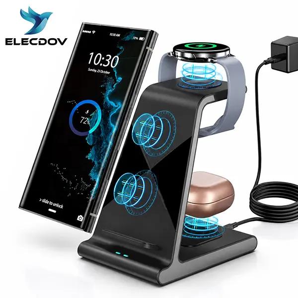 ELECDOV D2 3-in-1 QC3.0 Fast Charging Wireless Charger for Samsung - Cooling Heat Dissipation, LED Light, Sleep-Safe LED Indicator, Non-Slip, Compatible with Galaxy S24/S23 Ultra, Z Flip5/Fold5, Buds, Watch 6/5 Pro/4/3