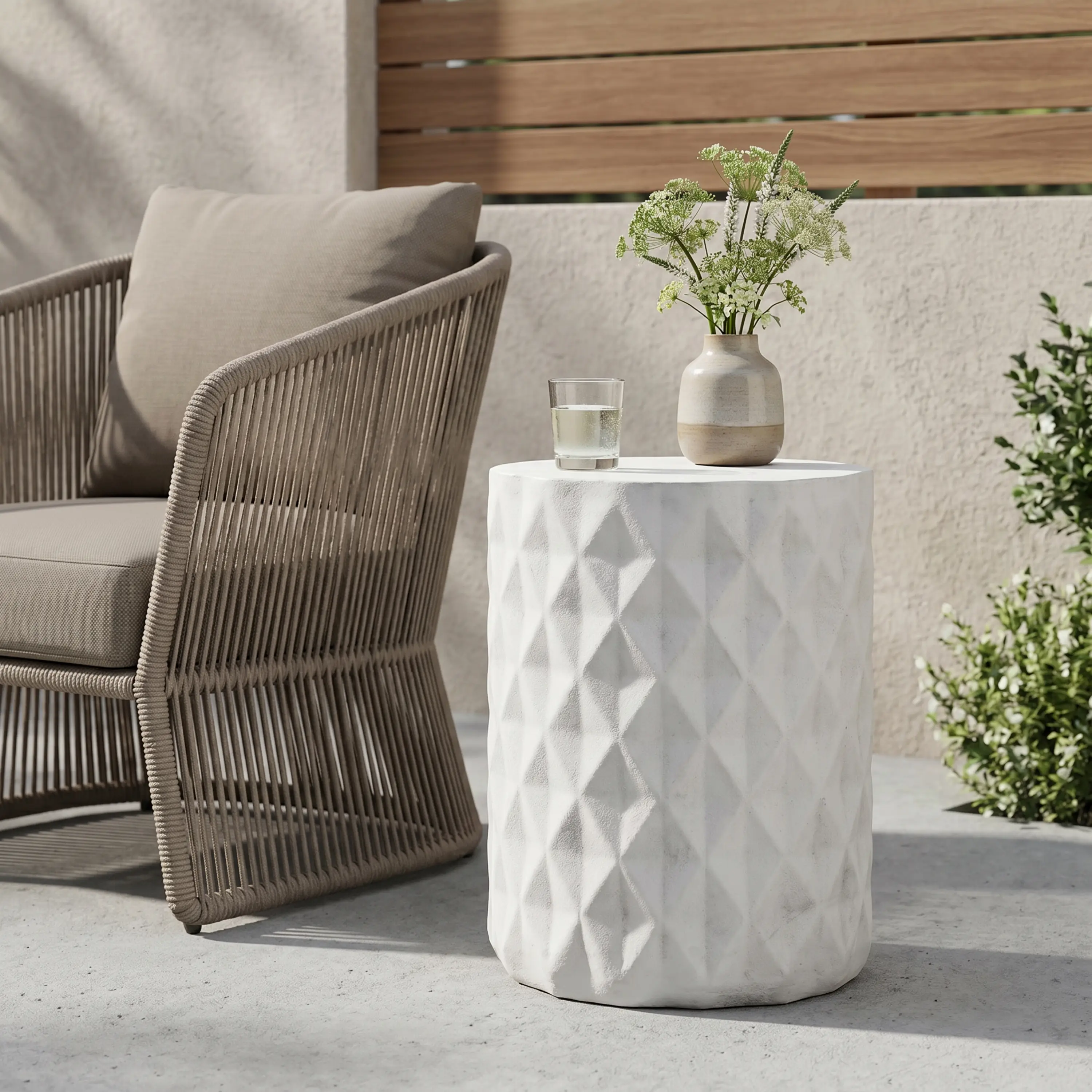 Concrete End Table - Indoor/Outdoor Furniture with 3D Diamond Surface, Understated Chic Design, High Durability for Backyard, BBQ Lounge Area