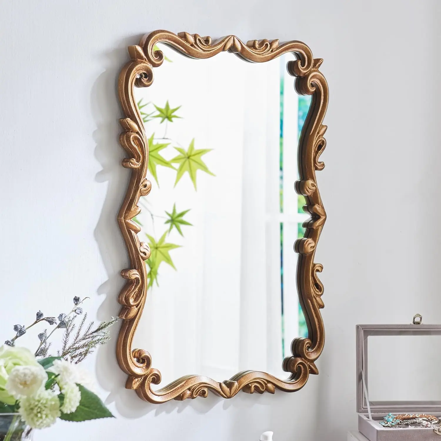 Mirror for Bathroom  Frame Arched Wall Mirror, 24inch Antique Decorative Scalloped Brass Mirror for Living Room,Bedroom,Entryway, Dinning Room (Rectangle-15.7X23.8inch