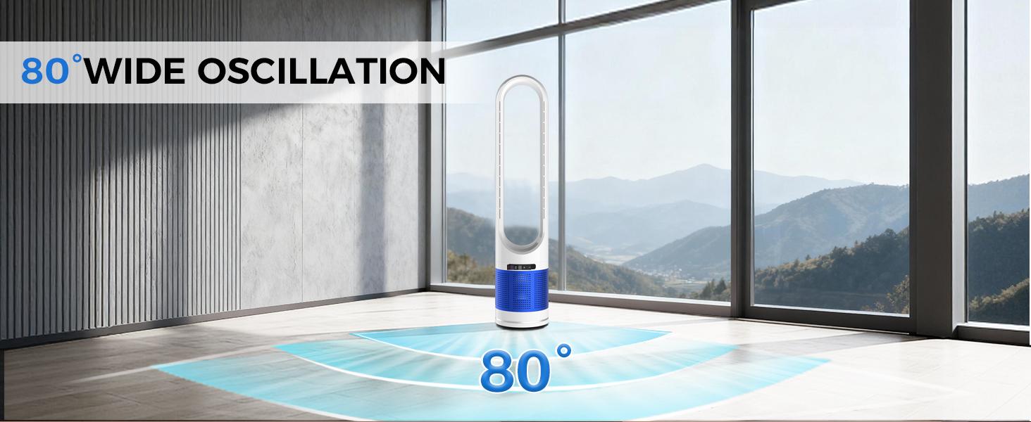 Bladeless Tower Fan ，80° Oscillation Quiet Cooling Fan with 8 Speeds, 8H Timer, Sleep Mode, Remote Control, 360° Air Intake, Space-Saving Bladeless Fan for Bedroom, Living Room, Home Office, Home Gym
