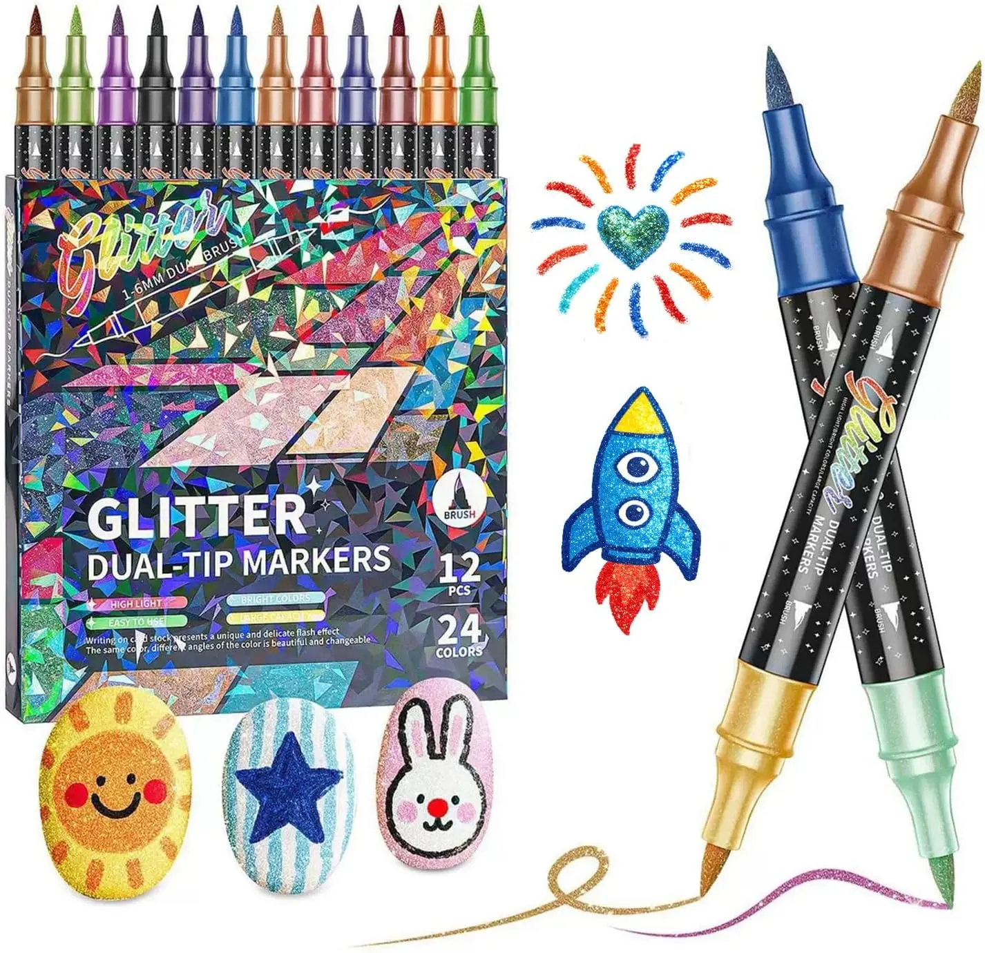 24/12 Colors Glitter Effect Brush Markers, Art Marker Set, Dual-Tip Dual-Color 1-5 mm Soft Brush Shimmer Marker for Doodle, Writing, Glitter Art, DIY Crafts, Greeting and Birthday Card Making