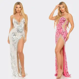 Laura sequin V-Neck Sleeveless maxi Dress  Split Thigh Front Elegant Casual Chic Cute Piece Style