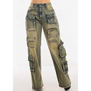 Super High Waist Straight Wide Leg Stretch Cargo Jeans Yellow Super High Waist Straight Wide Leg Stretch Cargo Jeans Yellow