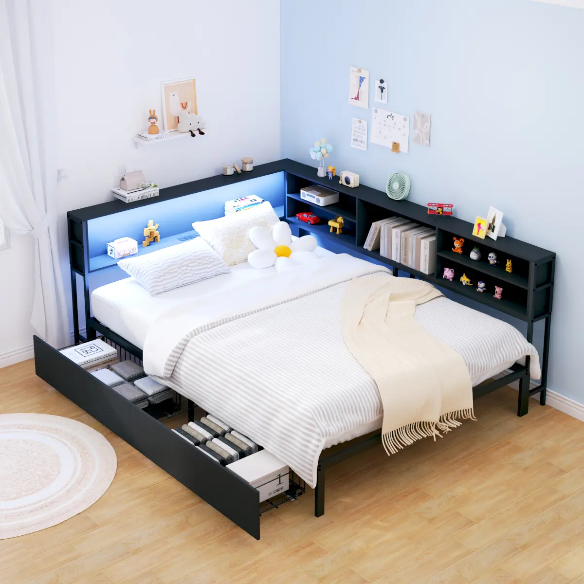 Contemporary Modern Twin-Full Size Corner Daybed with Storage, Bookcase Headboard, Luminous LED Light, Built-in Charging Port, USB Port, Easy Setup for Dorm Rooms & Teens