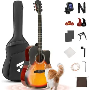 Acoustic Guitar Kit, 41 Inch Full Size 6 String Cutaway Guitarra Acustica for Beginner Adults with Tuner, Gig Bag, Strap, Steel Strings, Capo, Pickguard, Picks, FD60C, Sunburst