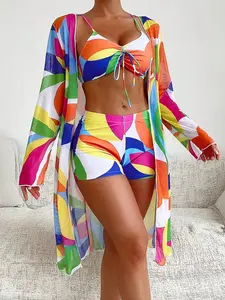 Women's Tie Dye Print Ruched Bikini Swimsuit Set, Casual Long Sleeve Open Front Cover Up & High Waist Swim Shorts & Drawstring Swim Top, Fashion Women's Summer Swimwear, Swimsuit Style Bikini