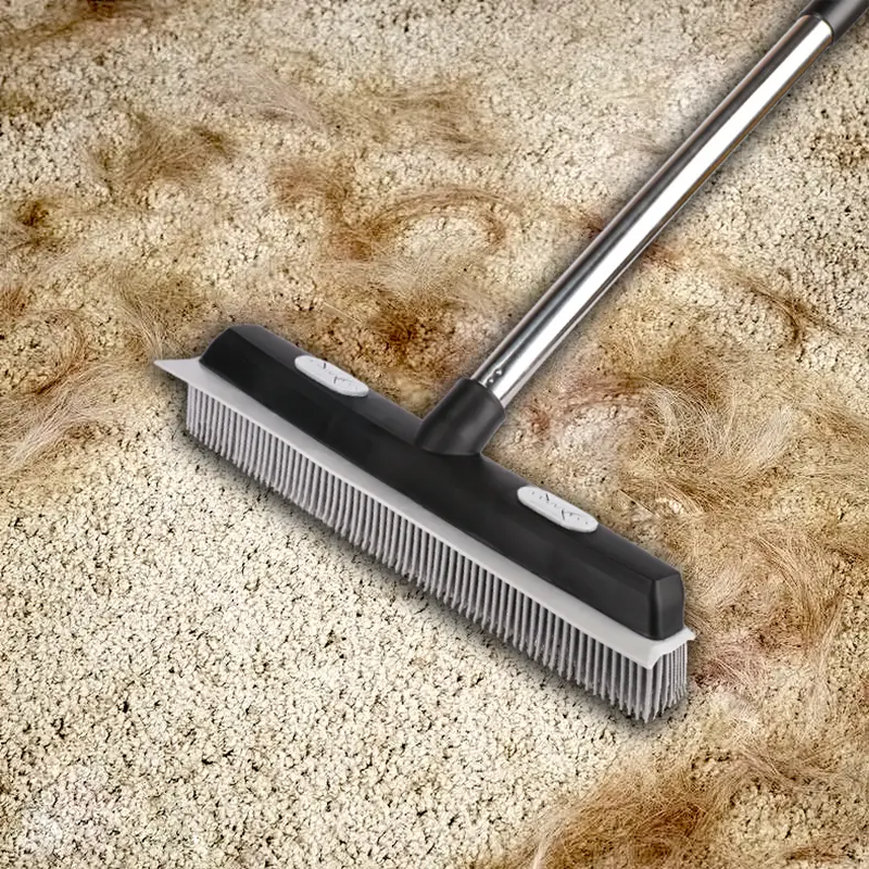 Pet Hair Rubber Broom with Carpet Rake  2 in 1 Floor Brush for Carpet, 62 inch Adjustable Handle