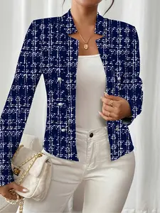 Women's Spring Autumn Plaid Blazer Jacket, Double-Breasted Button Decor Long Sleeve Open Front Coat, Fashion Elegant Business Style