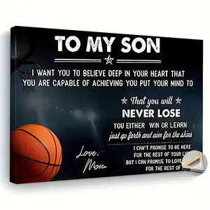 1 Framed Basketball Poster with Inspirational Sports Motto -- "to My Son" Inspirational Text, Wrap-around Canvas Picture Frame and Basketball Court Art Pattern, Suitable for Boy's Room Decoration, Teen Athlete Gift, Living Room Wall Decoration, can Also B