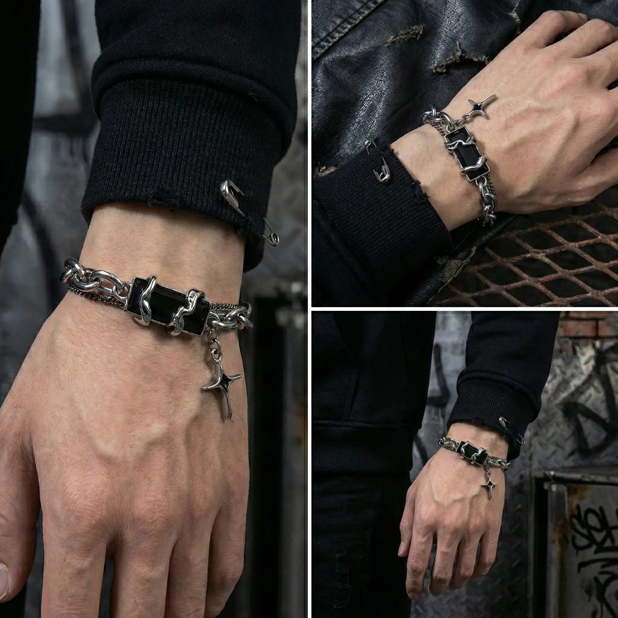 Punk Style Cross Bracelet, Cyber Y2K Silver Tone Chain with Black 