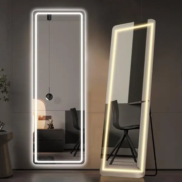 Full Length Mirror with Lights, 64"x21" LED Full Body Mirror, Free Standing Lighted Floor Mirror, 3 Color Lighting, White
