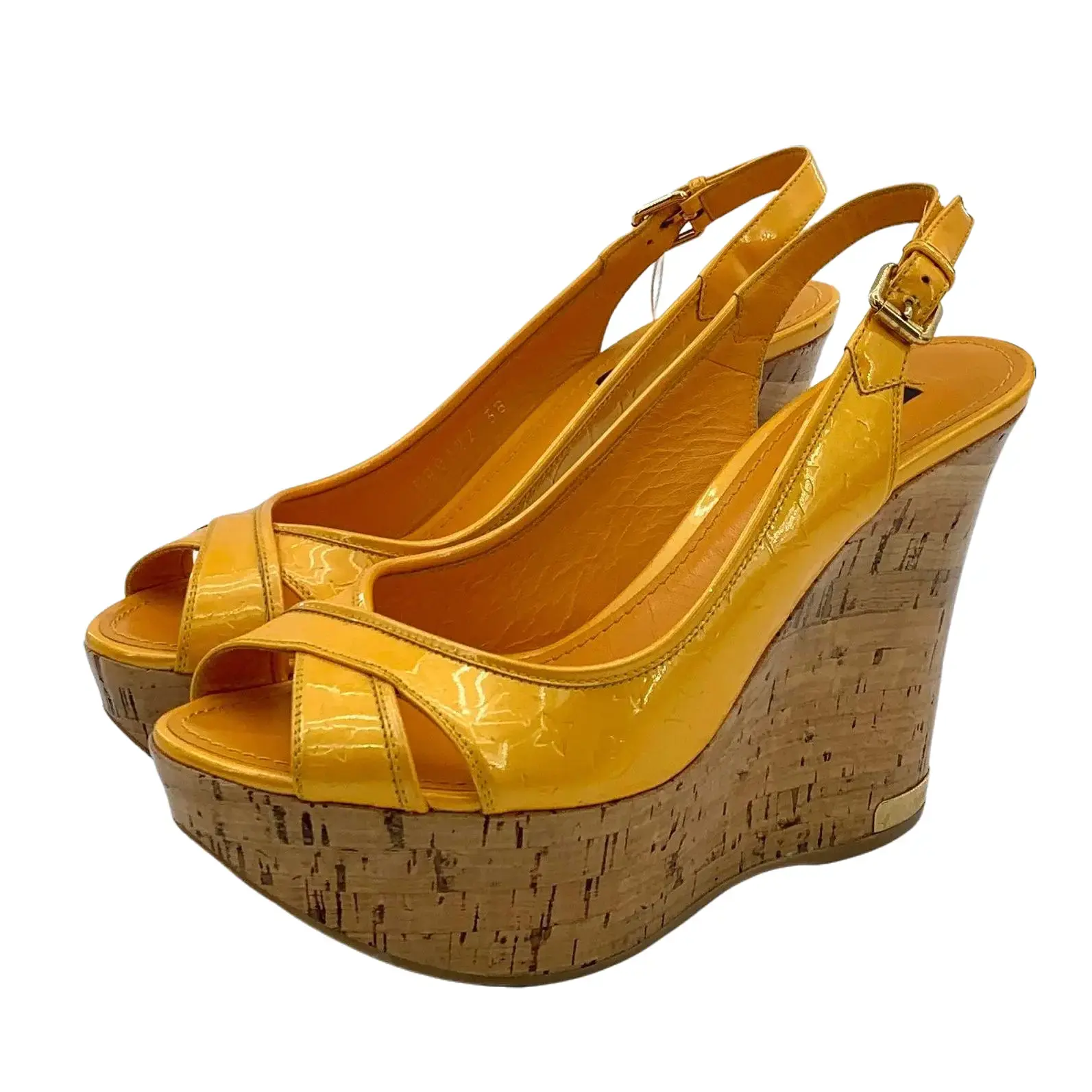 RDLT-Louis Vuitton Size 38 Yellow Peep Toe One-Strap Wedge Heels-J36255
