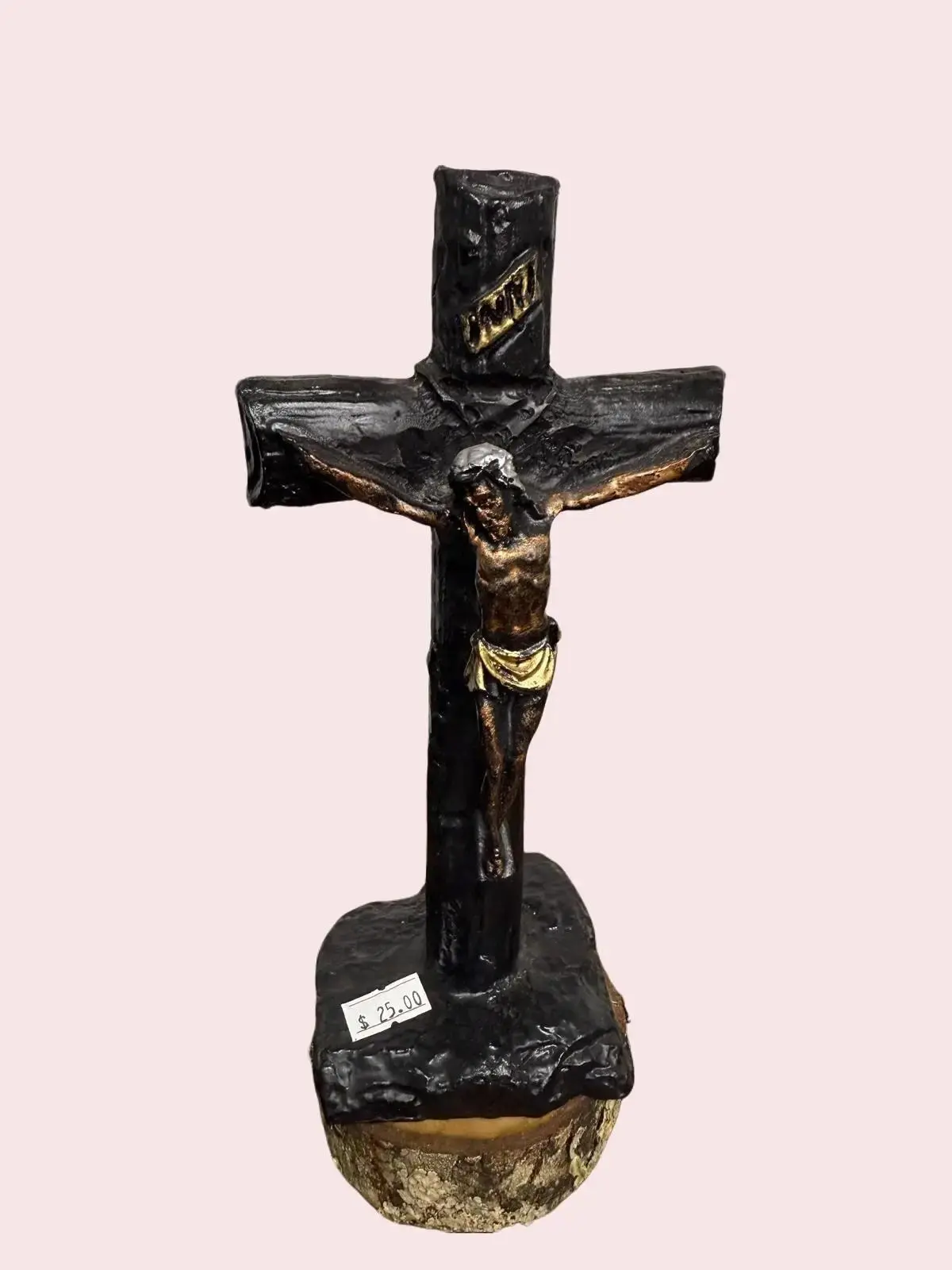 Black Crucifix for Altar with Wooden Base - Vintage Style Christian Decor