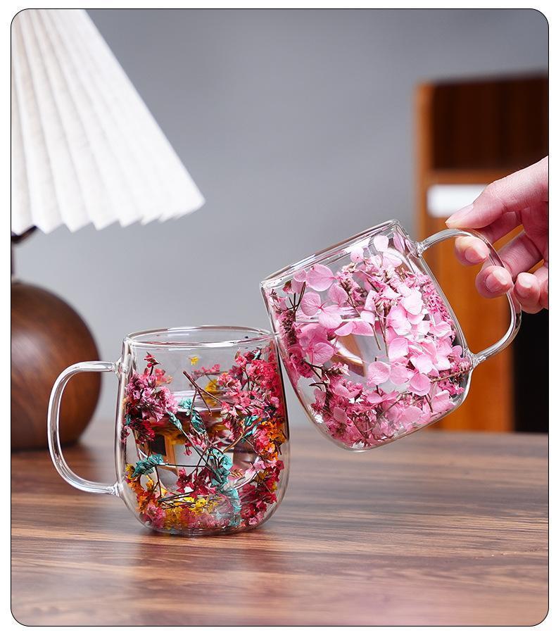 Double Glass Flower Tea Cup, 250ml Double Wall Glass Coffee Cup, Insulated Transparent Cup with Dried Flowers, Heat Resistant Drinkware Tumbler, New Year Gift.The top choice for Mothers Day Gift