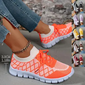 Colorblock Plaid Lace-Up Flyknit Sneakers Ins Mesh Casual Shoes for Women - Round Toe, All Seasons, Breathable, Walking, Running, Sports Shoes, Flat Heel, Artificial PU, EVASole, Multiple Colors, Sizes 36-43 - Athletic, Footwear