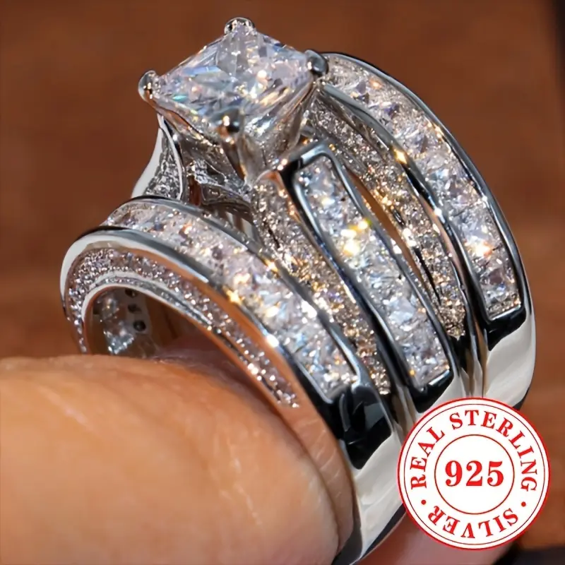 A luxurious 925 sterling silver wedding ring set, consisting of 3 elegant stacked wedding rings, princess cut synthetic cubic zirconia, four claw inlay, April birthday stone, Valentine's Day gift, all season engagement and banquet jewelry