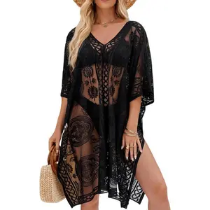 Women's Summer Polyester V-Neck Lace Cover-Up - Breathable, Loose, Transparent, Versatile Beachwear - Bikini Sun Protection Shirt, Cold Wash Compatible