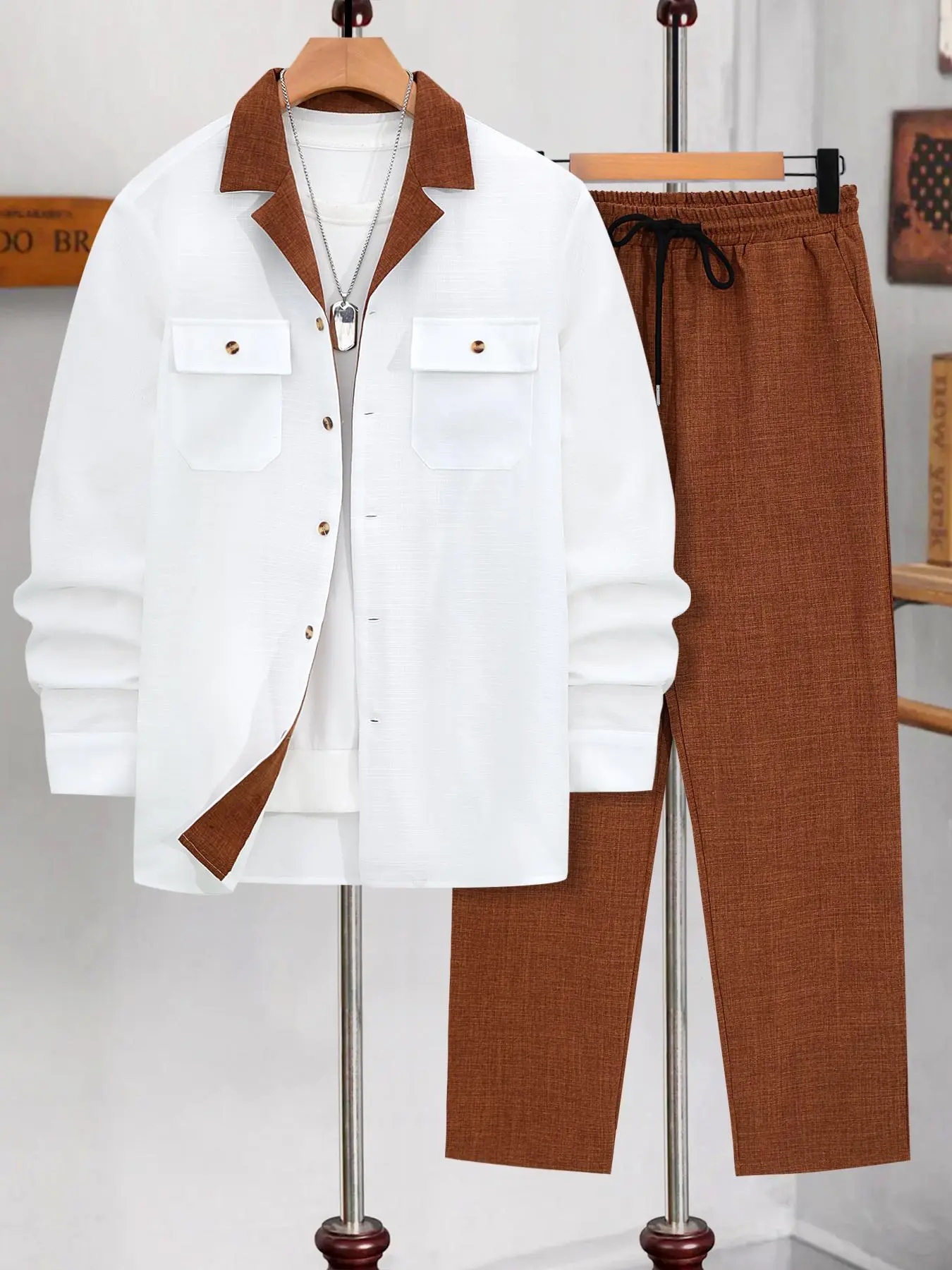 Men's Solid Button-Front Shirt & Drawstring-Waist Pants Set Suits, Long-Sleeve Regular-Fit Shirt with Lapel Collar & Pocket Trousers, Casual Fashion Cozy Breathable Two-Piece Outfit for Men, for Fall & Winter