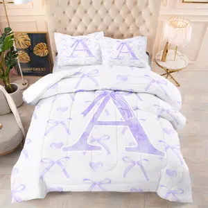 Purple Letter Bowknot Print Comforter Set, 1 Comforter and 1-2 Coreless Pillowcases, Soft Warm Blanket, A-Z Letters & Bow Pattern, Minimalist Sweet Bedroom Decor, Personalized Gift with Initial