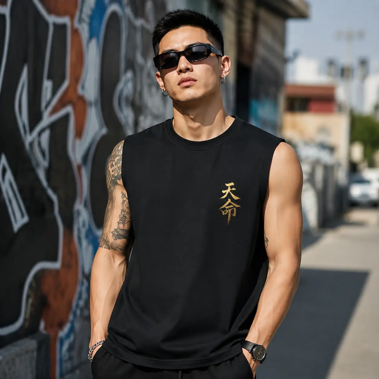 Men's Chinese Calligraphy Gold Foil Sleeveless Cotton Sports Vest, Front "Destiny" & Back "The Chosen 1" Print, Breathable Soft Gym Top, Oriental Warrior Aesthetic Streetwear for Fitness Workouts