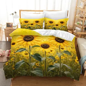 Sunflower Print Bedding Set, Soft Comfortable Fabric, Zipper Design, 3 Piece (1 Fitted Sheet + 2 Pillowcases)