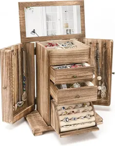 Box for Women, Rustic Wooden  Boxes & Organizers with Mirror, 4 Layer  Organizer Box Display for Rings Earrings Necklaces Bracelets (Rustic Brown)