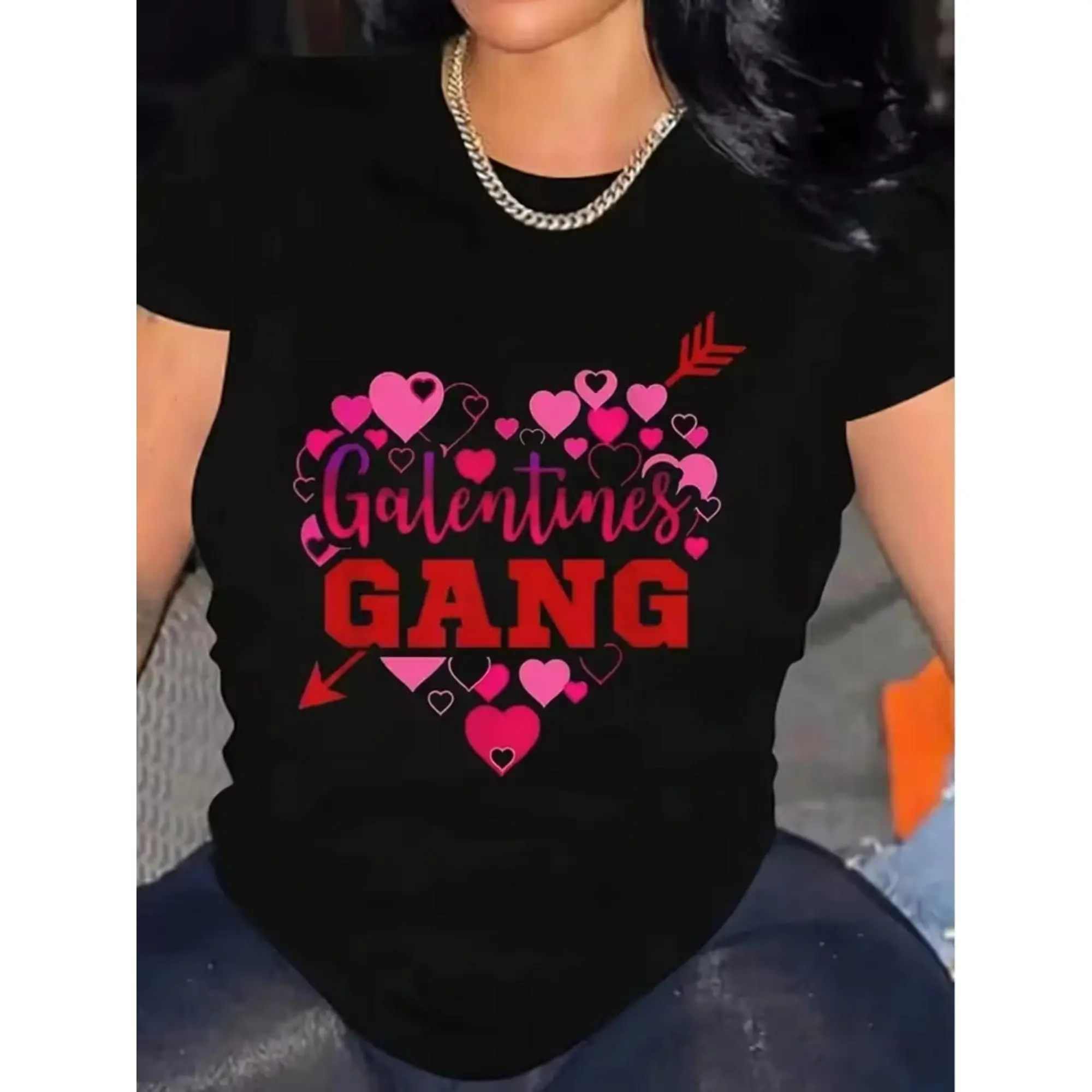 Women's Valentines Day Crew Neck Short Sleeve Graphic T-Shirt - Retro Pink & Red Hearts, Galentine's Gang Lettering, Cotton Knit, Slight Stretch, Chic Regular Fit, BFF Matching Outfit, All-Season Casual Top