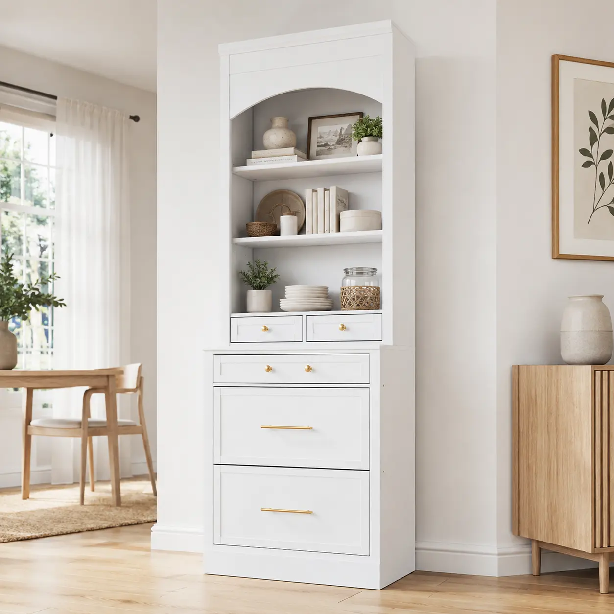 84 Inch Freestanding Kitchen Pantry Cabinet with Faux Marble Top Five Storage Drawers Adjustable Shelf and Display Cupboard for Dining Room