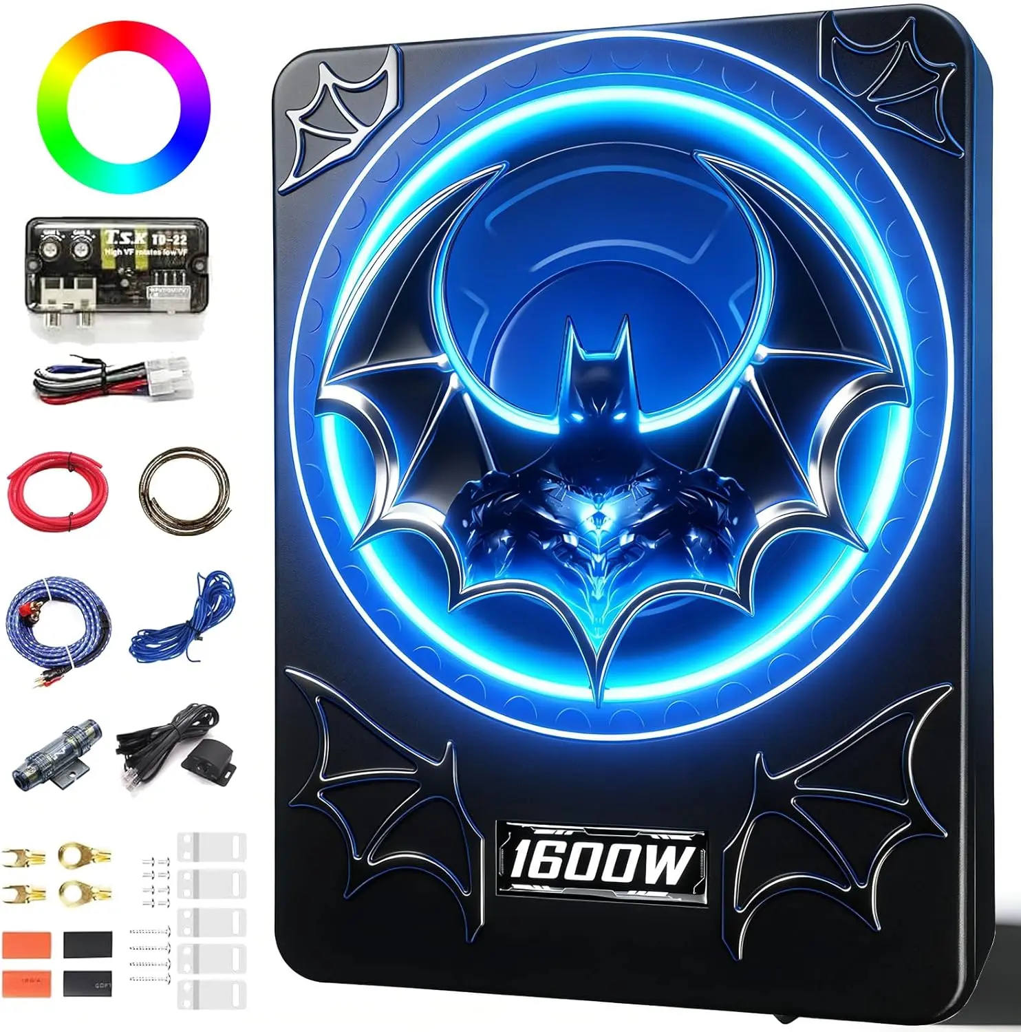 TANVSO 1600W 10-Inch Slim Underseat Powered Subwoofer Car Audio Package, Cast Aluminum, Built-In Amplifier, RGB Lights, Ambient Light Switch, Low Pass, Gain, Bass Control, Subsonic Deep Bass for Cars/Trucks, Pickups