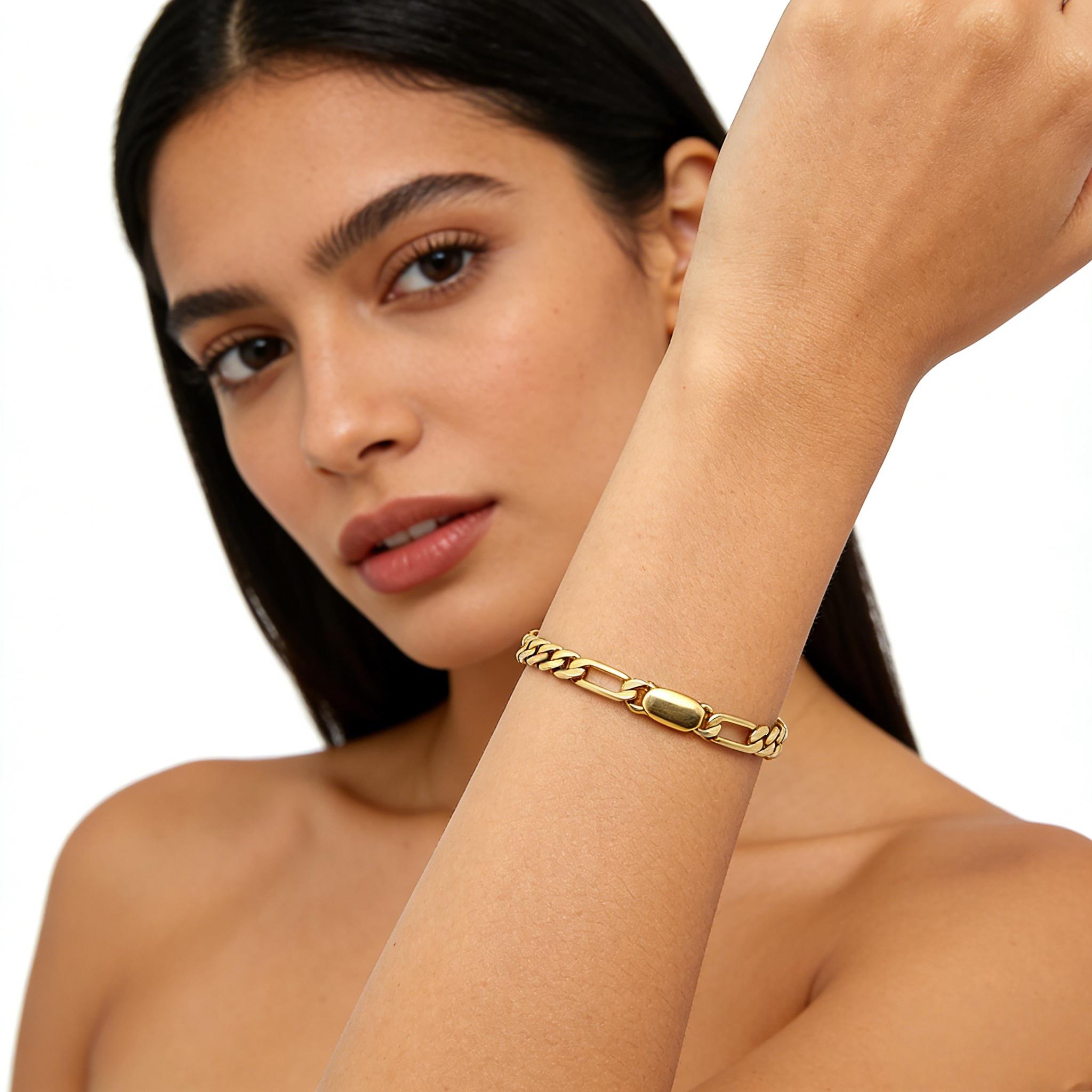 LuLuEcho 14K Gold-Plated Figaro Stamped Chain Bracelet Summer Jewelry Neutral Accessories Men and Women Layering Bracelets Craft Jewelry